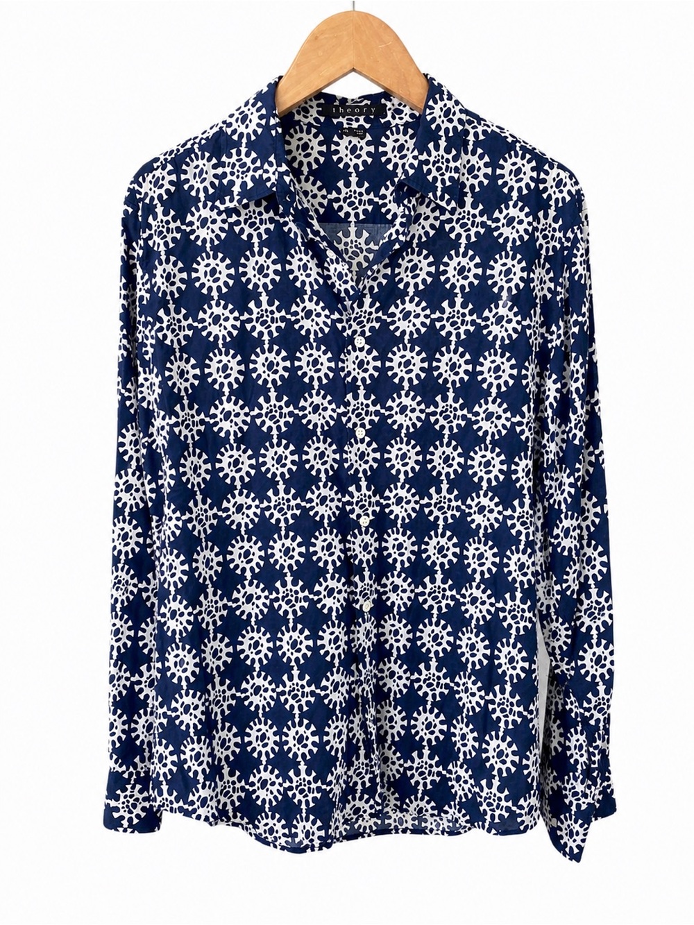 Theory Navy & White Abstract Print Cotton Button-Up Shirt XL